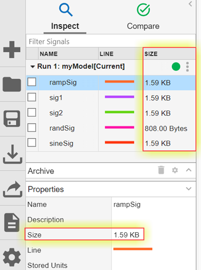 In the Simulation Data Inspector signal table, a column to display signal storage size has been added and the Properties pane is expanded. The Size column in the signal table, and the signal size corresponding row in the Properties pane are highlighted.