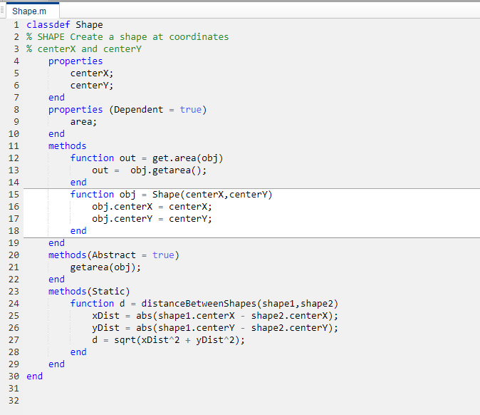 This image shows the code for the Shape class definition in the report viewer. This view opens after you follow step 10. To view the Shape class definition, in obj@Shape, double-click Shape.