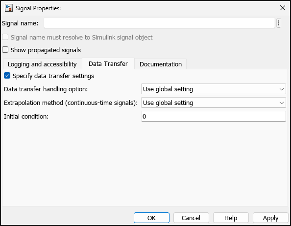 Signal Properties dialog box with the Data Transfer tab open.