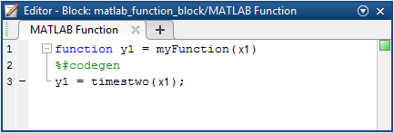 MATLAB code editor with function algorithm defined as y1 equals timestwo of x1.