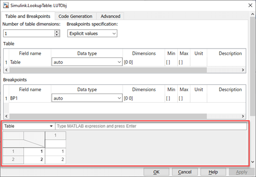 Default Simulink.LookupTable property dialog box with spreadsheet outlined