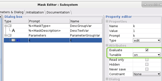 Mask Editor dialog. "Evaluate" and "Tunable" attributes are highlighted.
