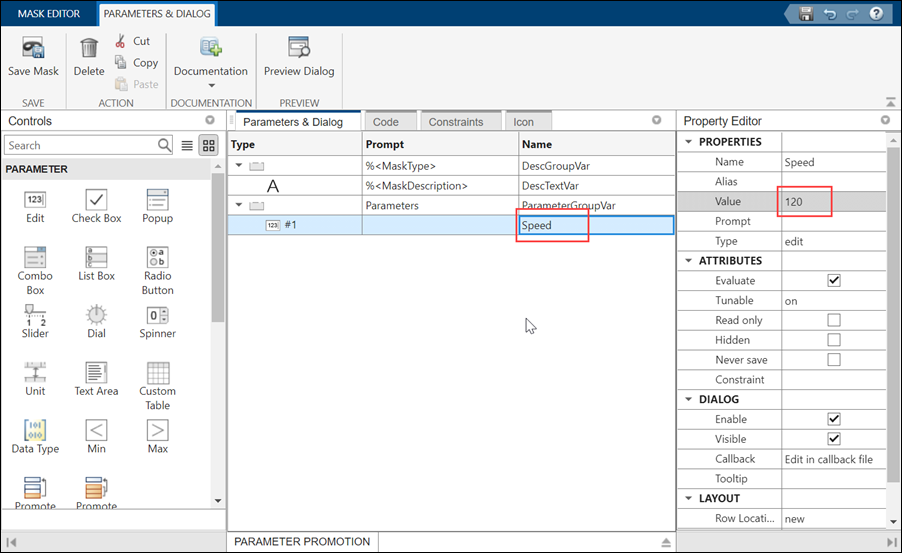 Mask Editor showing new Edit parameter Speed with value 120.