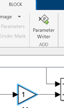Block tab of Simulink toolstrip, showing Parameter Writer button. A gain block is highlighted on the canvas.
