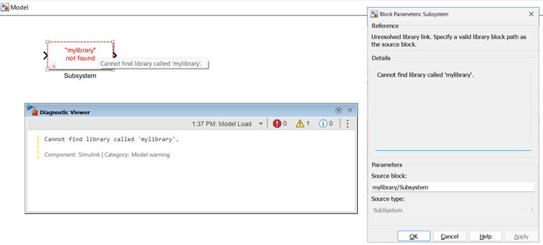 The block icon, tooltip, diagnostic message, and dialog box describe the failure to load the library.