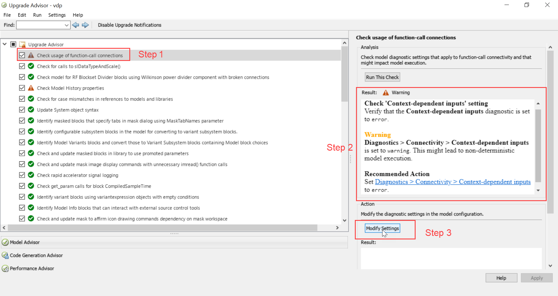 Report section in the Upgrade Advisor showing the date and time of the last run and a summary of the checks Pass, Fail, Warning and Not Run