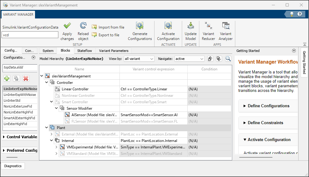 Variant Manager window that shows predefined variant configurations