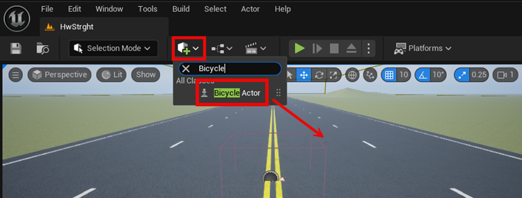 Unreal editor bicycle actor placement