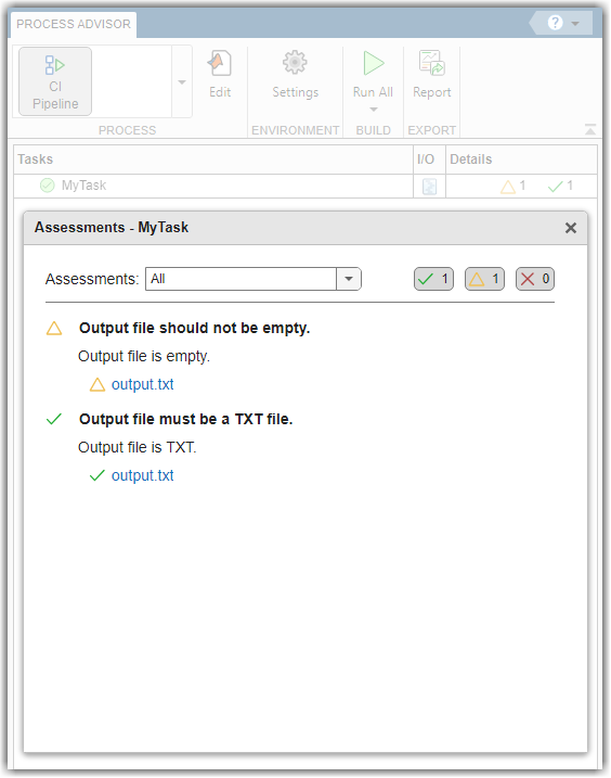 Assessments dialog for MyTask showing passing and warning assessments on the file output.txt