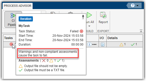 Process Advisor app showing MyTask failing because of the warning in the assessment results