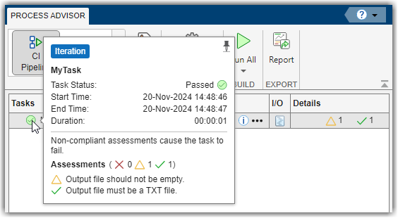 Task status with results from each assessment