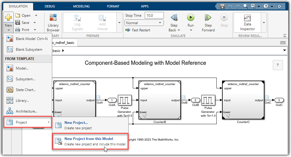 Simulink model with mouse pointing to "New Project from this Model" button
