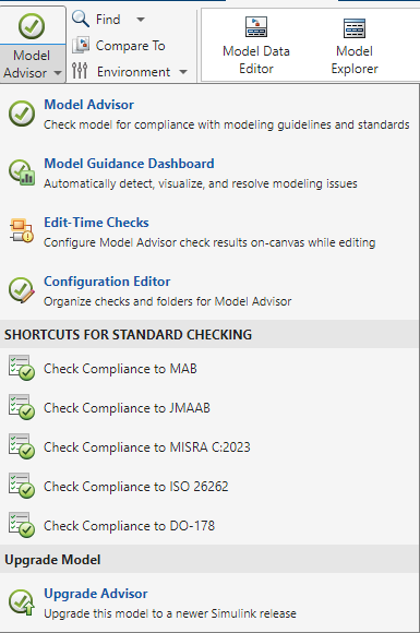 Model Advisor menu showing Edit-Time Checks button
