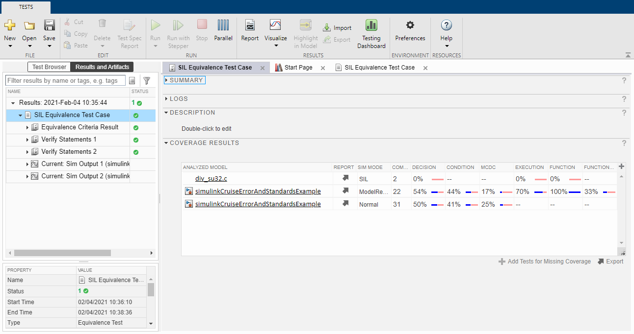 Test Manager showing passed test cases and model and code coverage results.