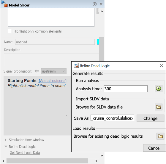 Refine Dead Logic dialog with options to browse for SLDV data file and browse for existing dead logic results