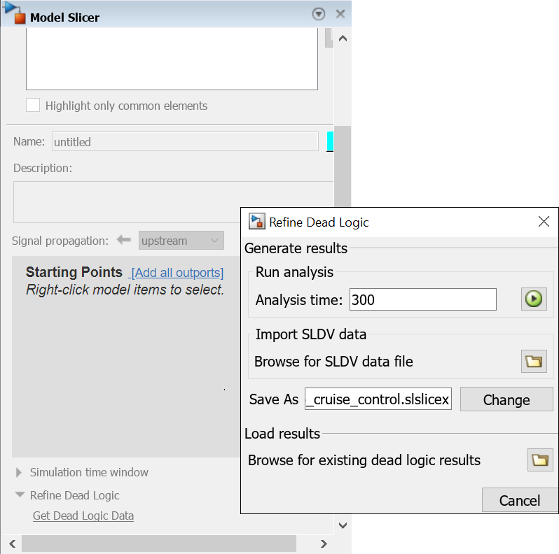 Refine Dead Logic dialog with options to browse for SLDV data file and browse for existing dead logic results