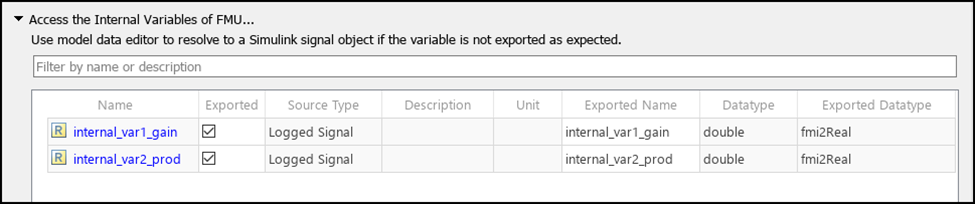 Screenshot of the Access the Internal Variables of FMU.. dialog