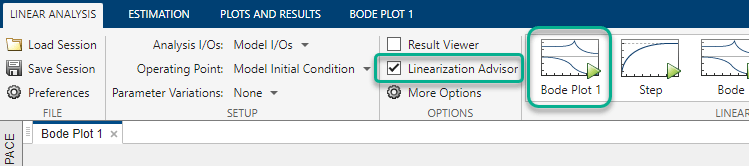 Linear Analysis tab showing the selected Linearization Advisor parameter in the Options section and Bode Plot 1 highlighted on the left side of the Linearize gallery.