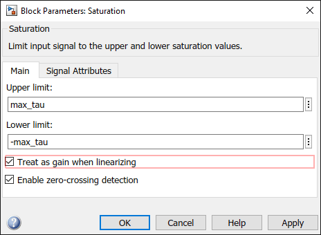Saturation block parameters showing the Treat as gain when linearizing parameter highlighted and selected.