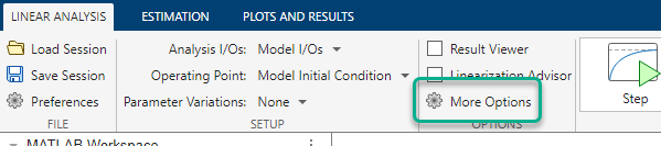 Linear Analysis tab showing More Options highlighted in the Options section.