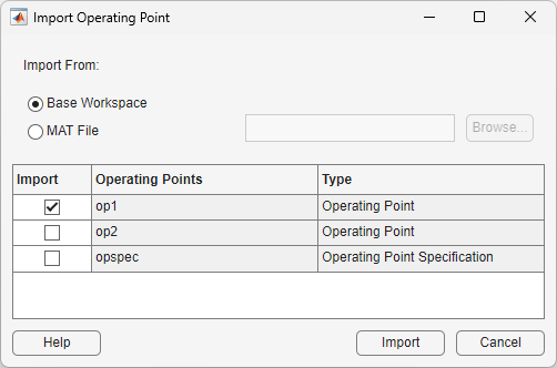 Export dialog with the Import from section at the top. Below, is a table with three columns from left to right: Import, Operating Points, Type.