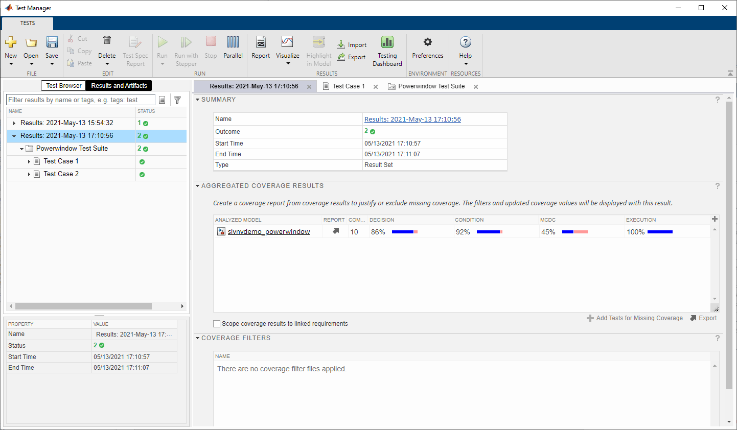 Test Manager on the Results and Artifacts tab with Powerwindow Test Suite selected. Coverage results are: 86% decision, 92% condition, 45% MCDC, and 100% execution.