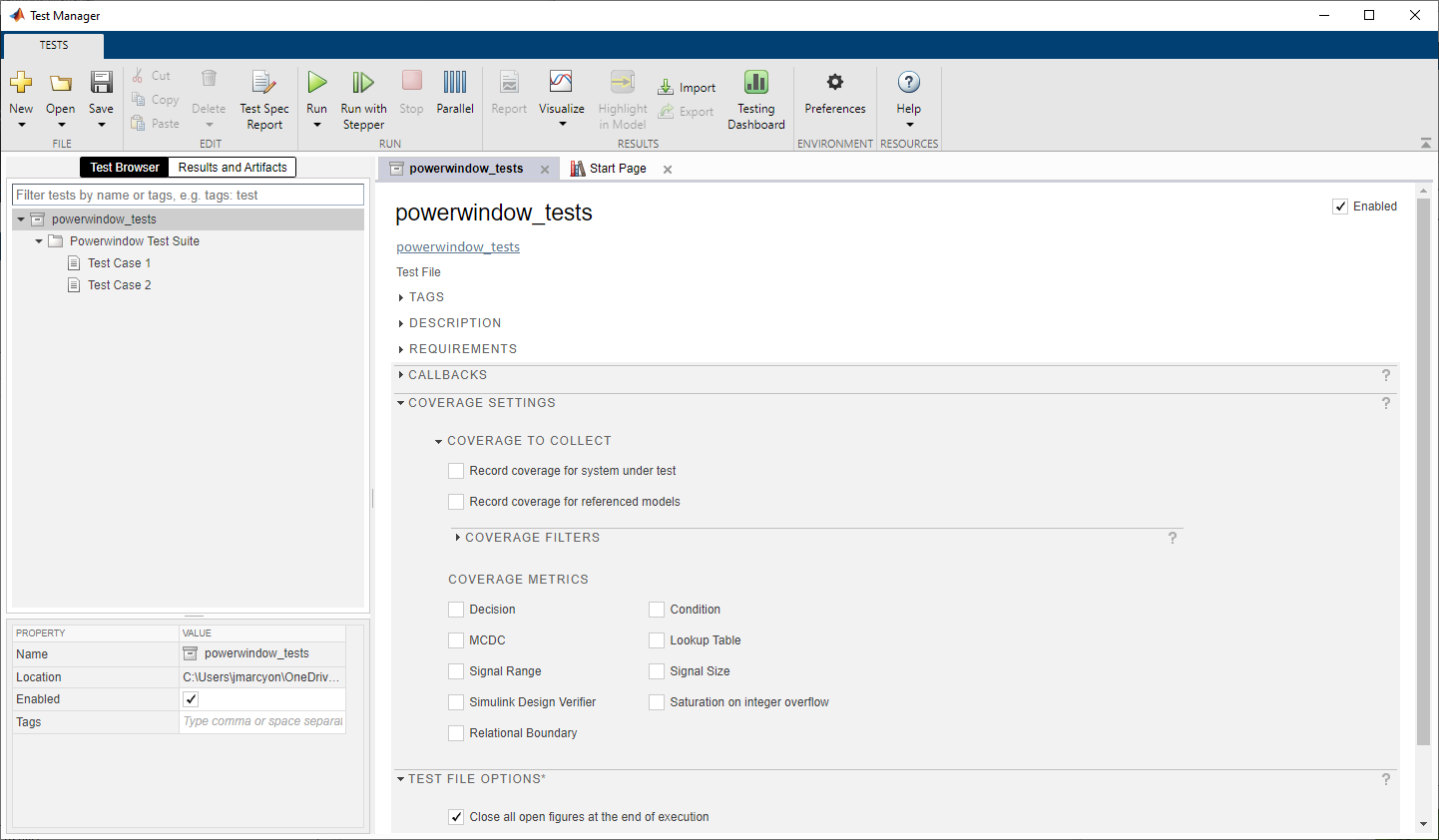 Test Manager showing an open test file, which contains one test suite titled Powerwindow Test Suite. The test suite contains two test cases.