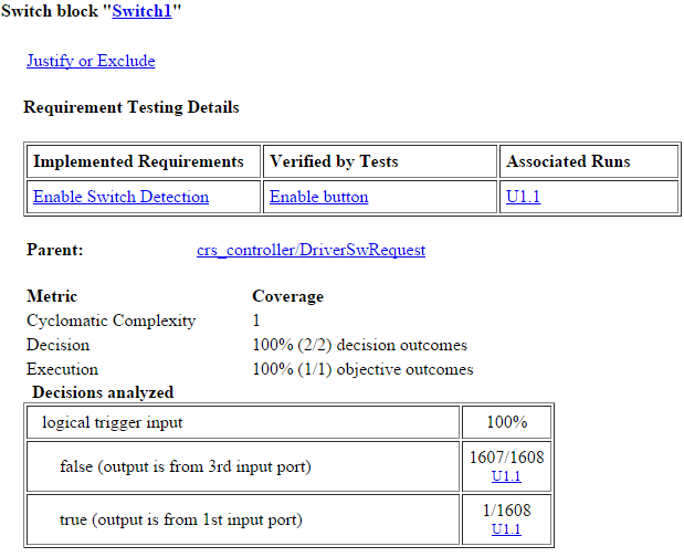 Switch block Switch1 links to the requirement "Enable Switch Detection" which is verified by test "Enable button" in run "U1.1"