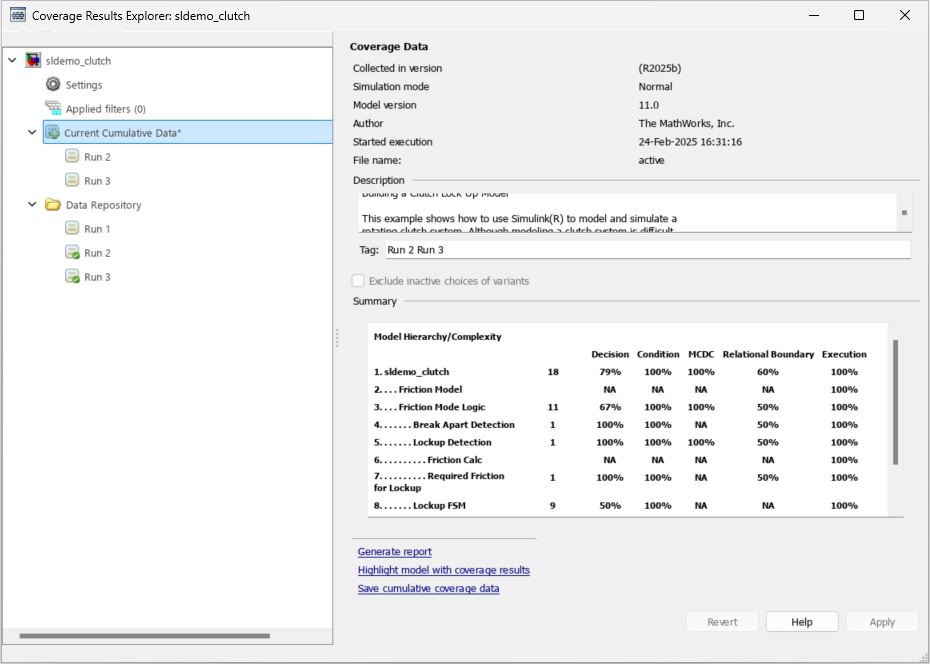 Default view of the Results Explorer with "Current Cumulative Data" selected. The overview of the current run is on the right, including the model version, author, execution start time and date, coverage data file name, short description, and coverage summary.