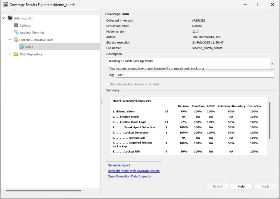 Default view of the Results Explorer. The system name is on the left, with sub-fields for settings, applied filters, current cumulative data, and data repository. The overview of the current run is on the right, including the model version, author, execution start time and date, coverage data file name, short description, and coverage summary.
