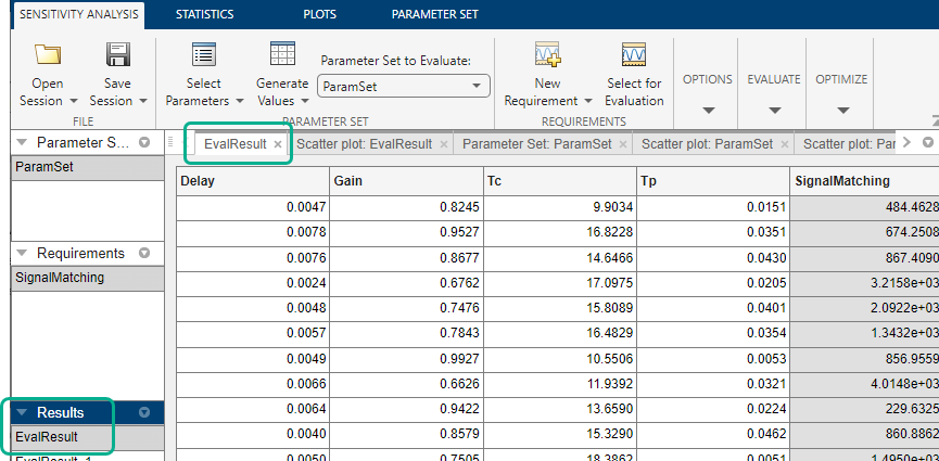 EvalResult is displayed in the Results area on the left. EvalResult table is displayed in the main area of the app.