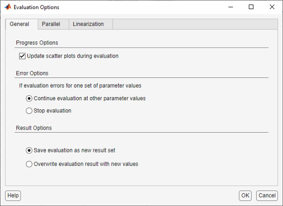 General tab in the Evaluation Options dialog box containing Progress Options, Error Options, and Result Options