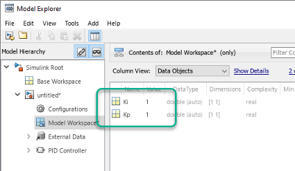 Model Explorer showing the Model Workspace of a Simulink model containing variables Ki and Kp.