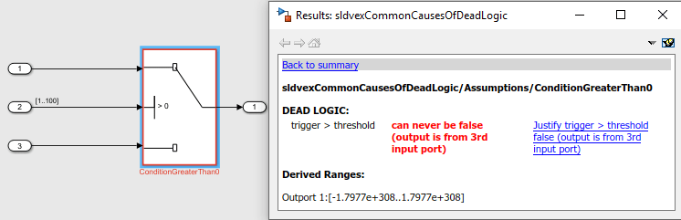 Dead logic result summary for ConditionGreaterThan0 block.
