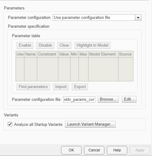 Configuration parameter window showing Parameters and Variants parameters under Design Verifier pane.