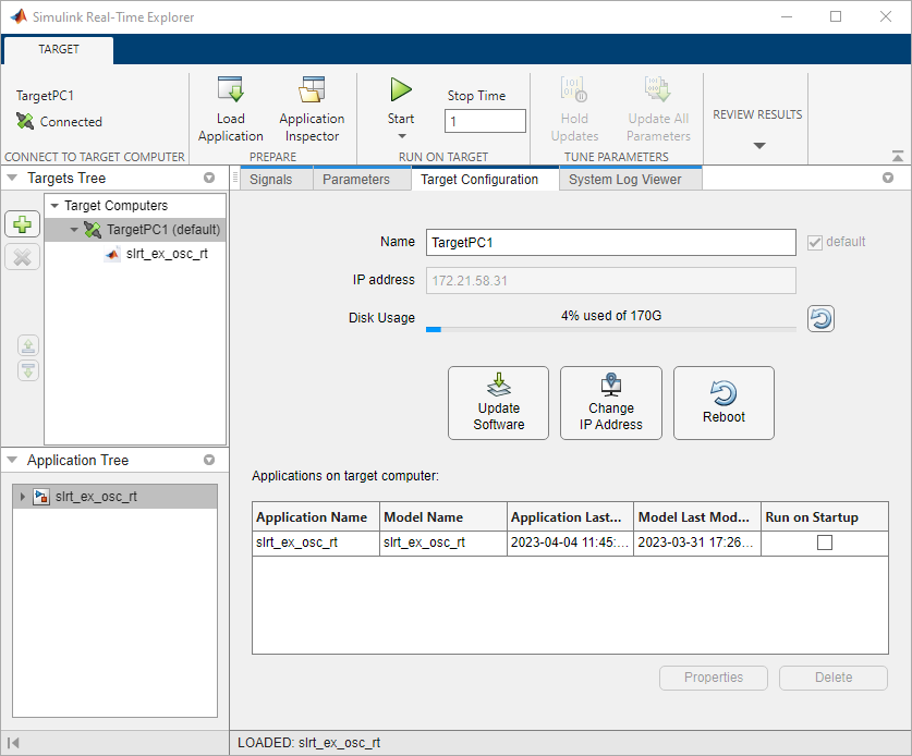 The Simulink Real-Time Explorer app provides a UI to access a real-time application.