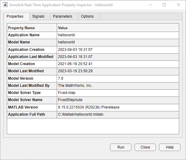 The Simulink Real-Time Application Inspector displays application properties.