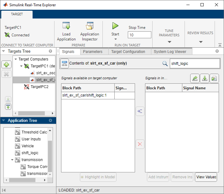 You can view the slrt_ex_sf_car model hierarchy in the Simulink Real-Time Explorer.