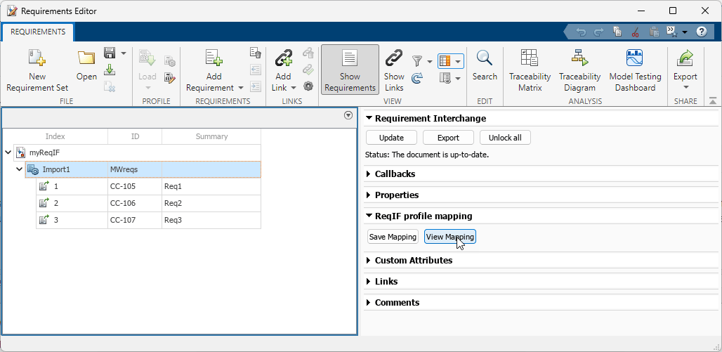 The mouse points to the View Mapping button in the Requirements Editor.