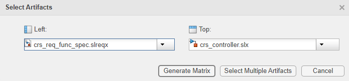Select Artifacts dialog box, including the drop-down lists to select the top and left artifacts and Generate Matrix and Select Multiple Artifacts buttons