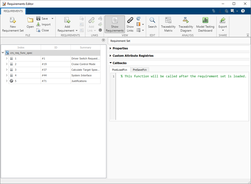 Requirements Editor with the PostLoadFcn and PreSaveFcn tabs in view.