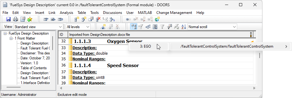 The mouse points to the linked EGO item in the surrogate module in the in-links context menu from the Oxygen Sensor requirement in IBM DOORS.