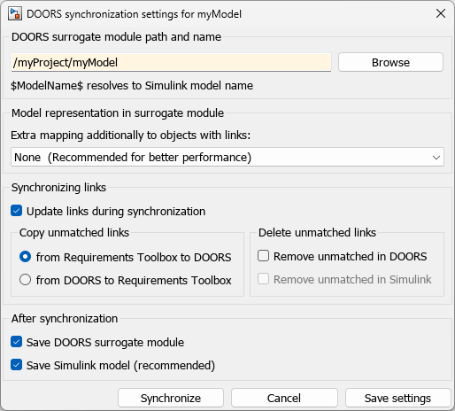 The DOORS synchronization settings dialog is shown for a model called myModel. The path is set to /myProject/myModel, extra mapping additionally to objects with links is set to None, Synchronizing links settings are configured to copy unmatched links from Requirements Toolbox to DOORS, and After synchronization settings are configured to save the DOORS surrogate module and Simulink model.