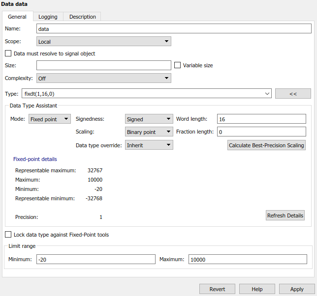 This image shows the fixed-point details for data named data.