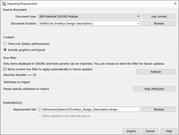 The Importing Requirements dialog has Document type set to IBM DOORS Module. Under content, Include graphics and layout is selected. Under Row filter, Store current row filter to apply automatically in future updates is selected.
