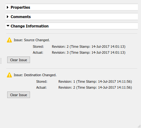 The Change Information in the right pane shows the revision information for the link source and destination.