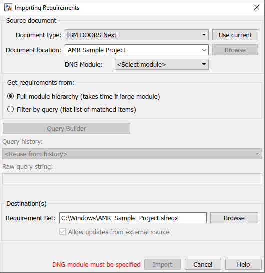 The Importing Requirements dialog is shown. The properties that appear after the Document type and Document location properties have been set.