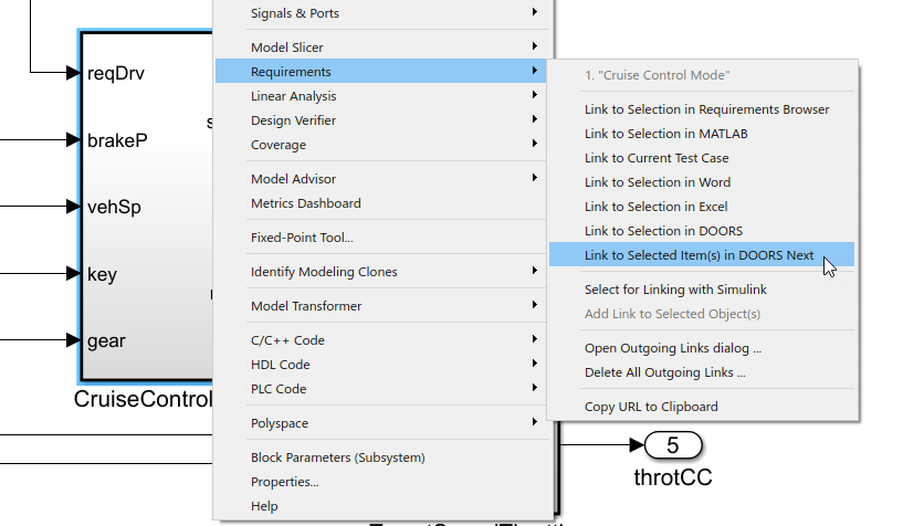 The mouse points to the Link to Selected Item(s) in DOORS Next selection in the context menu.