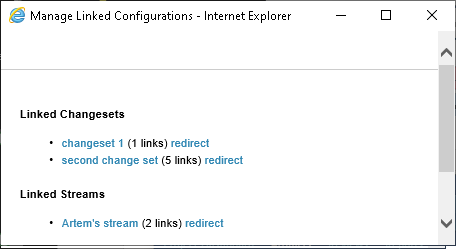 The system browser window shows three configuration contexts that have links and provides a hyperlink to redirect those links to another configuration.