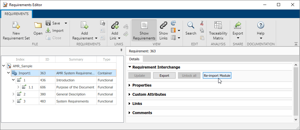 The Requirements Editor displays an imported requirement set. The import node is selected and the mouse points to the Re-import Module button in the right pane, under Requirement Interchange.